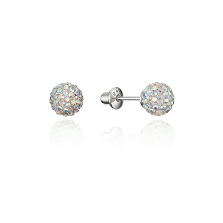 925 Sterling Silver Rhodium Plated Rainbow 6mm Crystal Ball Stud Children Screwback Baby Girls Earrings