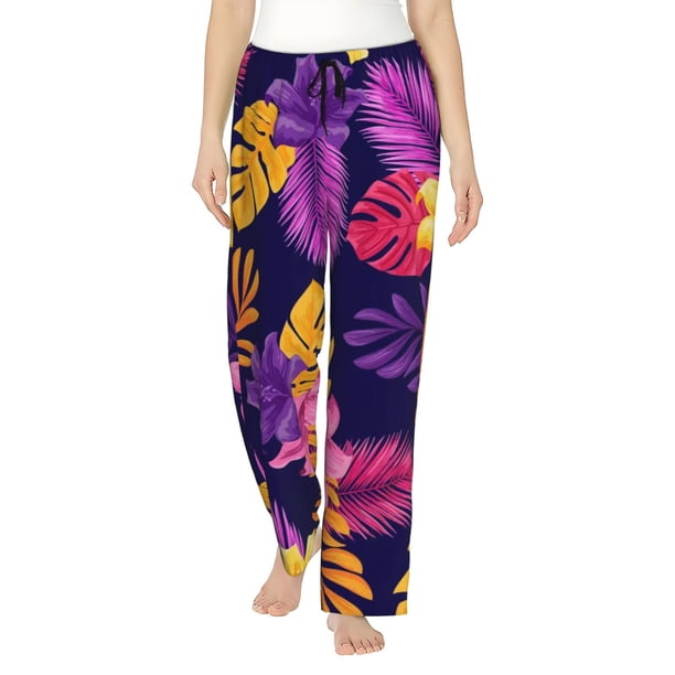 Balery Purple Flower Pantalones de pijama para mujer, pijamas ultraligeros, pantalones de estar por casa-Small