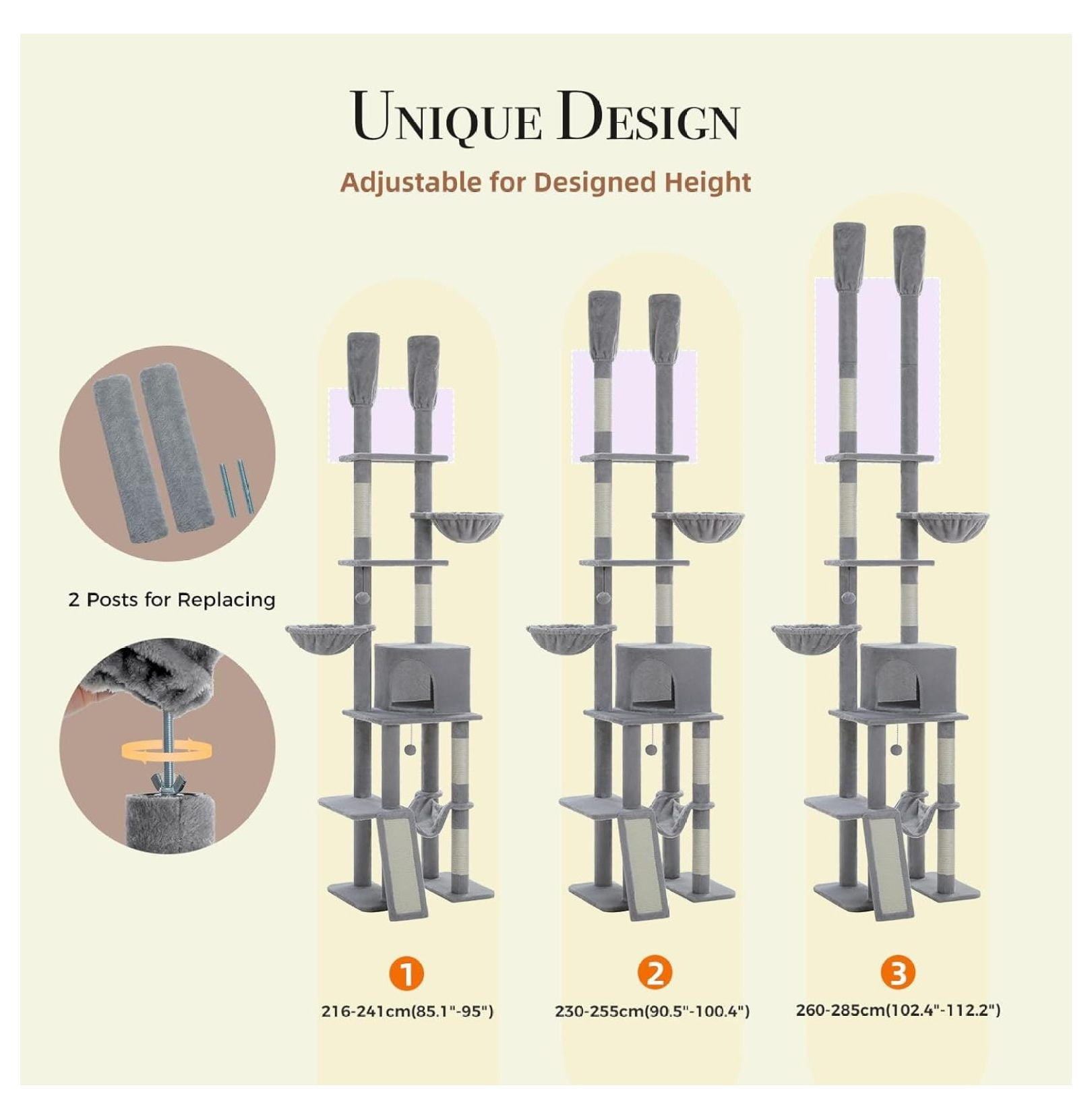 Tall Cat Tree Floor to Ceiling - Adjustable Cat Tower 85-112 Inches - 7 Tier Cat Climbing Tower with Hammocks & Scratching Posts for Indoor Cats - Gray