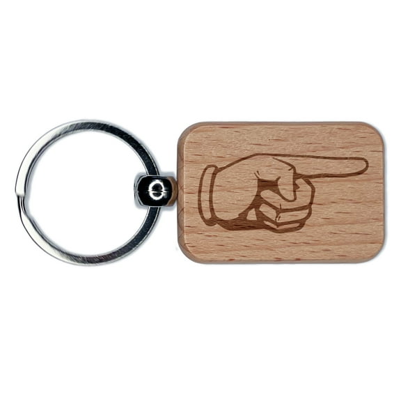 Finger Pointing Gloved Hand Rectangle Keychain Charm Tag - Engraved Wood