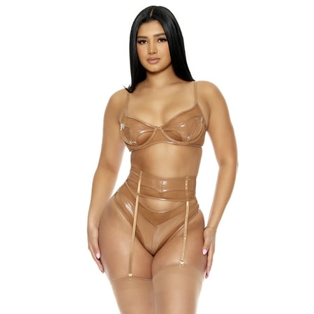 Opposites Attract Mesh and Vinyl Bra and Garter Belt Lingerie Set