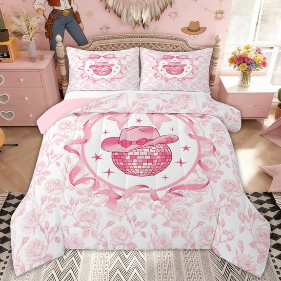 Erosebridal Bow Cowgirl Hat Disco Ball Full Size Comforter Sets, Western Sparkle Print Bedding Sets for Girls, Pink Reversible, 3 Pieces