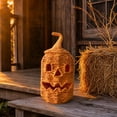 thumbnail image 4 of Halloween Tall Cylindrical Orange Woven Jack-O-Lantern Storage Basket with Curly Vine Stem Lid Hollow Handwoven Pumpkin Ornament Rustic Decor for Mantel Tiered Tray Farmhouse Party, 4 of 6