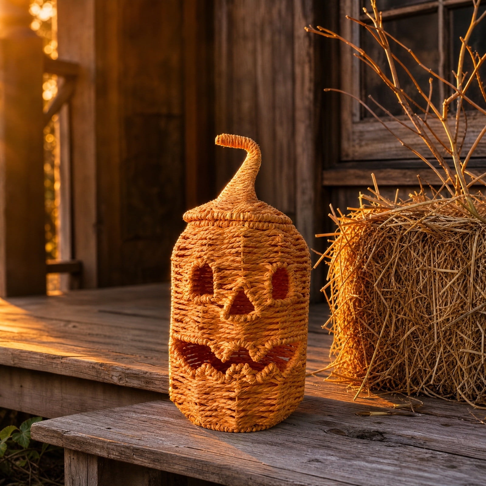 Halloween Jack-O-Lantern Pumpkin Decor Handwoven Candy Storage Baskets with Lid for Indoor Outdoor Party Porch Table Fireplace Farmhouse Decoration