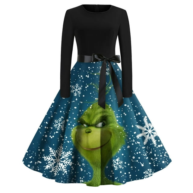 Corashan Chandail de Noël Laid Abordable Robe Évasée Imprimée de Noël pour Femmes Robe à Manches Longues Robe de Fête Décontractée Bleue, G