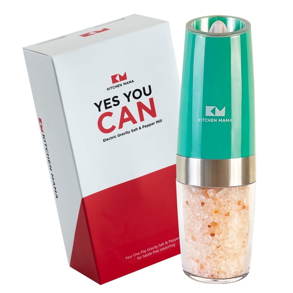 Kitchen Mama Electric Adjustable Coarseness, Battery Operated Automatic, One Hand Operated, Refillable Plastic Teal Salt & Pepper Mill
