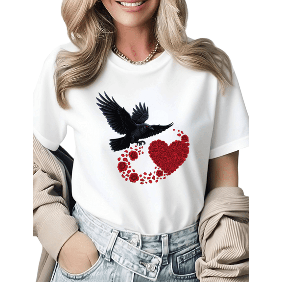 Raven Flying Rose Heart Gothic Graphic Tees Womans Tshirt Shirts Black White S-5XL Tops