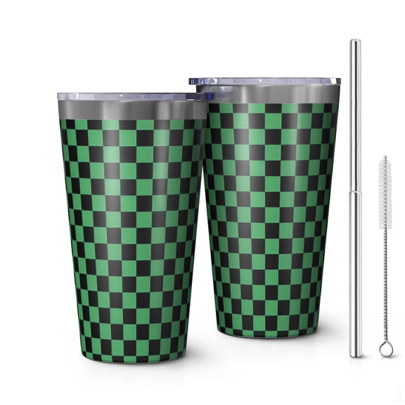 16oz Tumblers Green and Black Checkerboard Pattern Stainless Steel Vacuum Insulated Double Wall Travel Tumbler Cups Mug with Lid and Straw,Cleaning Brush for Coffee,Tea