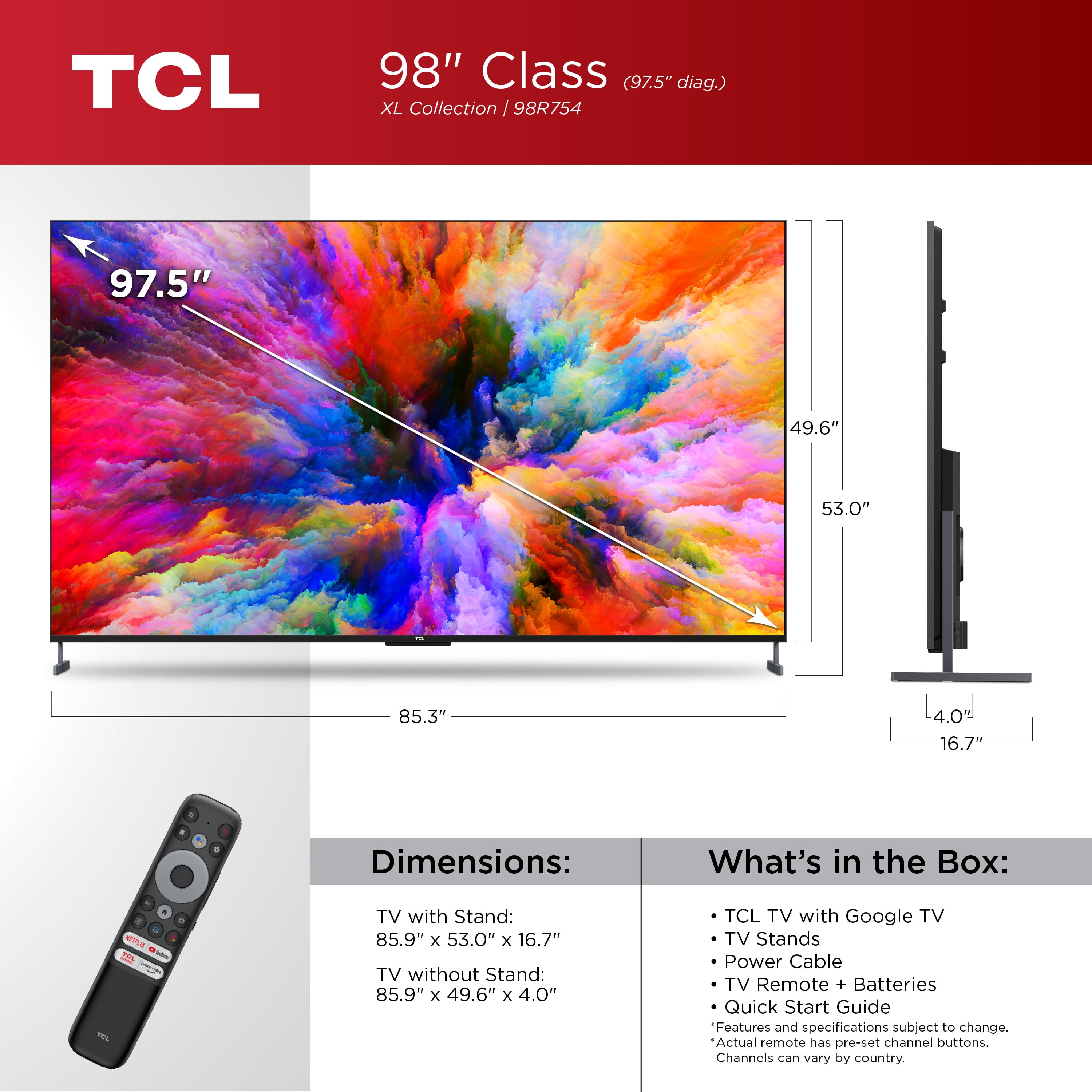 TCL 98 Class XL Collection 4K UHD QLED Dolby Vision HDR Smart Google TV,  98R754