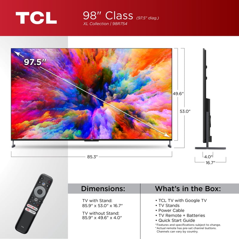 TCL 98" Class XL Collection 4K UHD QLED Dolby Vision HDR Smart Google TV, 98R754 front and back view