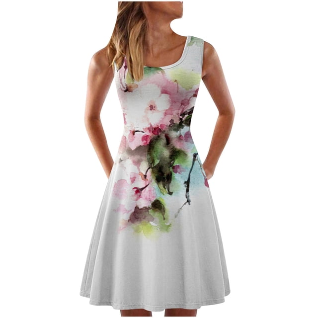 Vestido sin mangas informal sin mangas para mujer, vestido con cuello redondo y estampado floral de verano para la playa Pompotops ghjkhdj1612