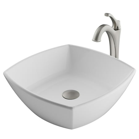KRAUS Elavo™ 16 1/2-inch Square White Porcelain Ceramic Bathroom Vessel Sink and Spot Free Arlo™ Faucet Combo Set with Pop-Up Drain, Stainless Brushed Nickel Finish