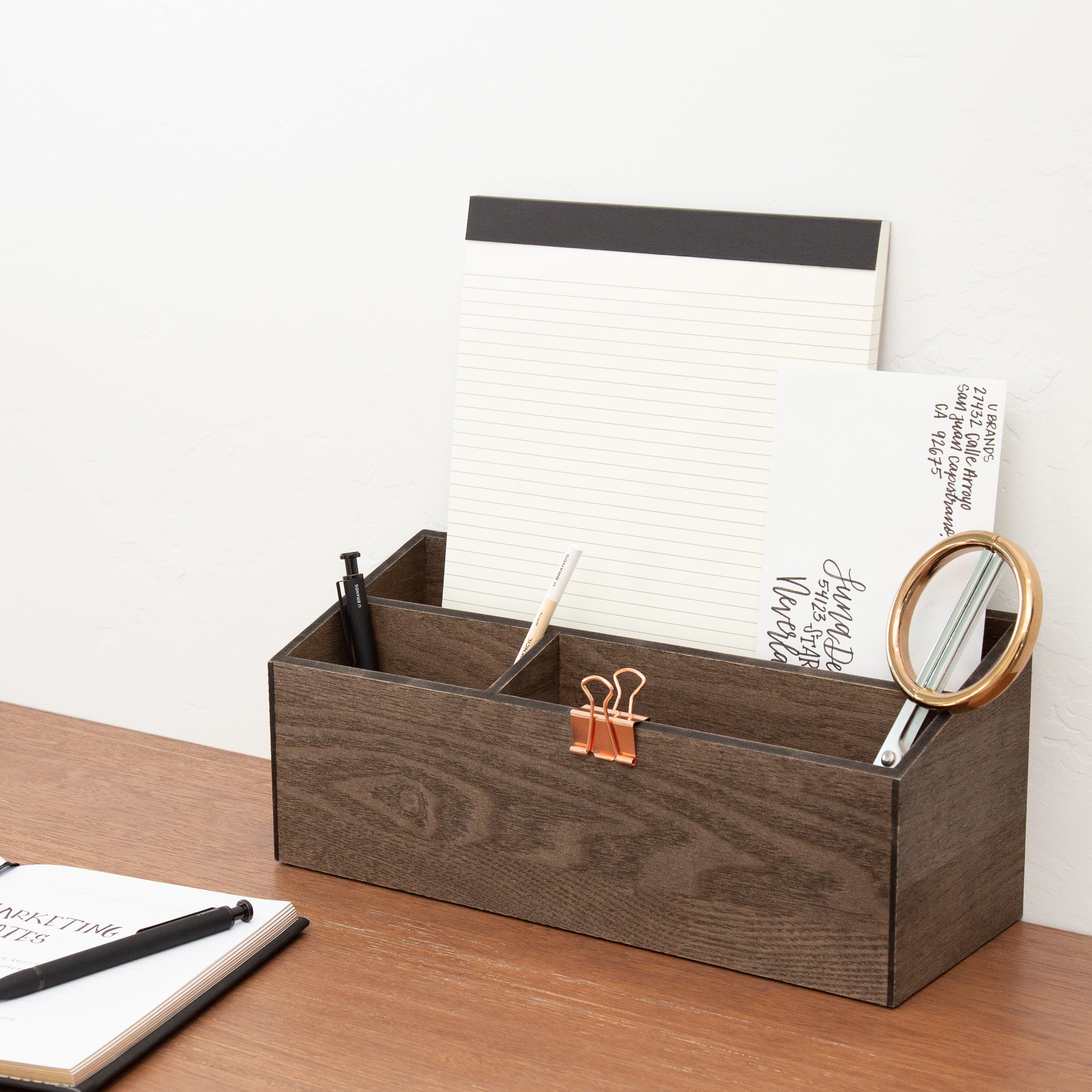 U Brands 3 Compartments Wooden Desk Storage Bin - Dark Brown - 1 Each