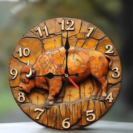 Unique Bison Wood Wall Clock Carved Animal Decor 10 Inch Silent Wooden Wall Clock, Battery Operated