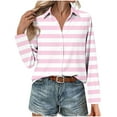 thumbnail image 4 of HOMBOM Classic Fit Polo Shirts for Women Pink Fall Tops Button down Long Sleeve Womens Striped, 4 of 6