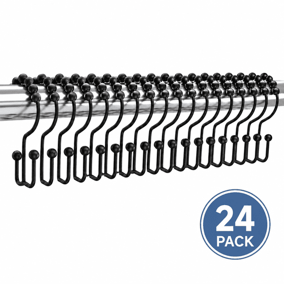 Hemivara Shower Curtain Hooks Rings, 24 Pack Rust-Resistant Metal Double Shower Hooks, Matte Black Easy Glide Roller Ball Shower Curtain Hangers for Bathroom Rods, Curtain and Liner