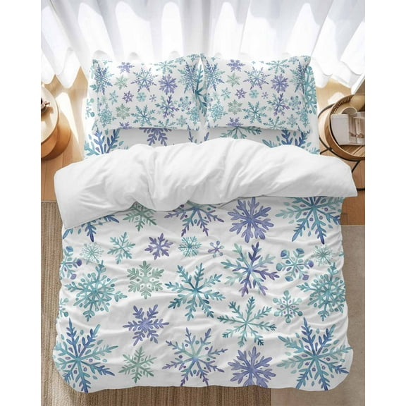 Christmas Snowflakes Bedding Duvet Cover Set Twin Size 4 Pieces Purple Green Snowflakes Winter Xmas Bedding Set with Zipper Closure, 1 Comforter Cover 68x86 Inches 1 Flat Sheet & 2 Pillow Cases
