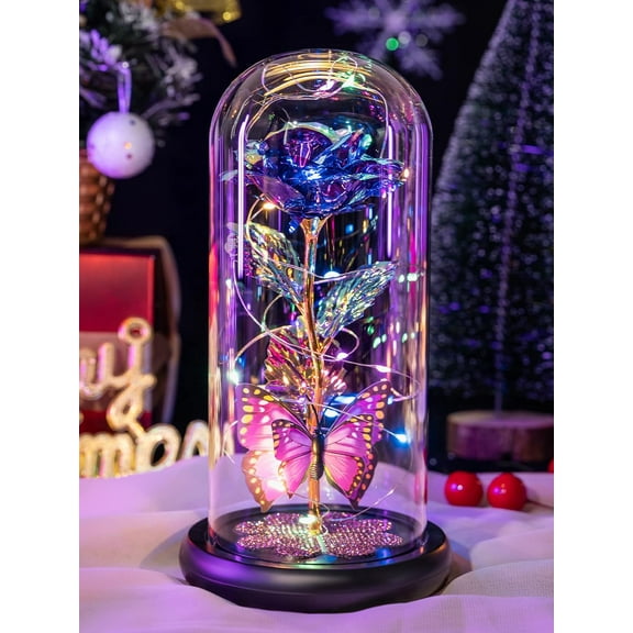 Birthday Gifts for Women Mom, Galaxy Glass Rose Forever Eternal Crystal Flower Light Up Rose in Glass Dome with Butterfly Mothers Day Christmas Rose Gifts for Her Wife Daughter Friends Colorful