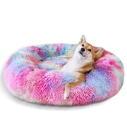 Exclusivo Mezcla Calming Donut Pet Bed for Small Dogs 20", Anti-Anxiety Plush Cozy Warming Dog Bed, Pink Rainbow