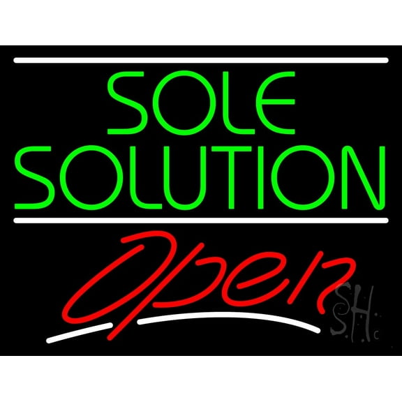 Green Sole Solution Open LED Neon Sign 15 x 19 - inches, Black Square Cut Acrylic Backing, with Dimmer - Bright and Premium built indoor LED Neon Sign for store interior Décor, Storefront.