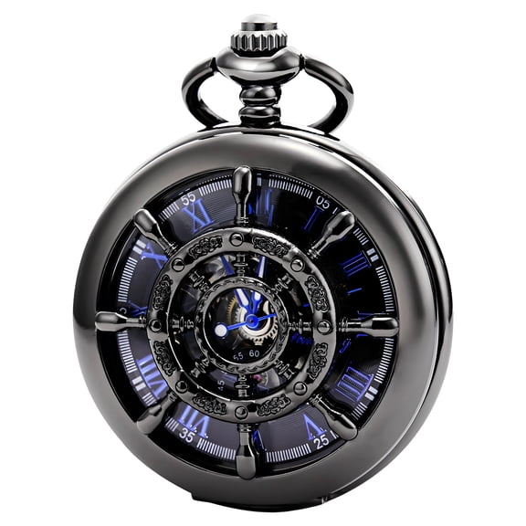 DESIGNICE Pocket Watches for Men,Classic Hollow Alloy Pocket Watch,Roman Numerals Mechanical Pocket Watch with Chain,Father Gifts for Christmas,Black