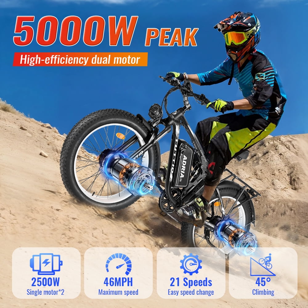 TUTTIO Adria26 Electric Mountain Bike for Adults Teen with Helmet, 5000W Men Off-Road Ebike, 26" Fat Tire Full Suspension Electric Bicycles, 7 Speed, 52V 30Ah Battery, Max 46Mph UL2849
