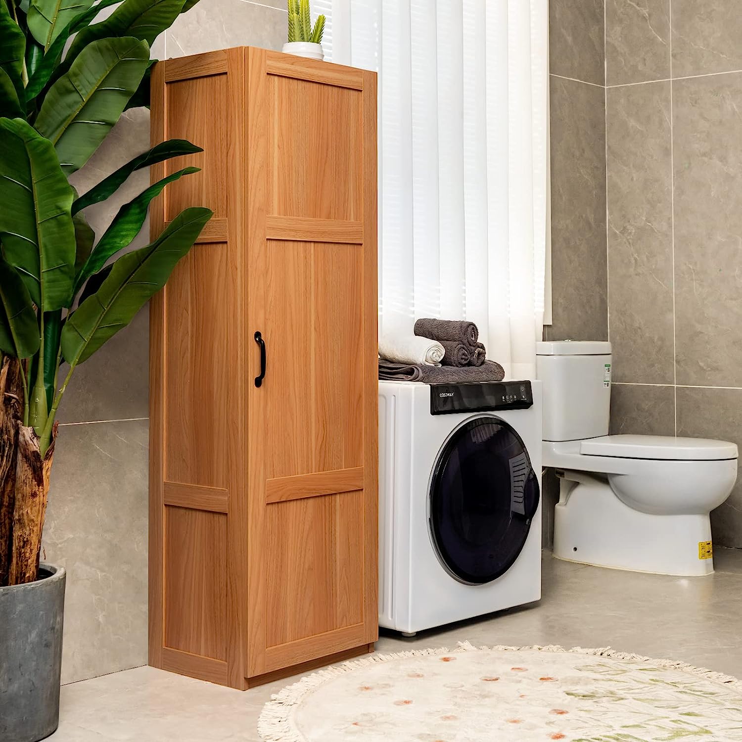 Kitchen Pantry, Tall Storage Cabinet Single Door, 4-Tier Floor Storage Cabinet for Bathroom, Living Room, 18"x14"x 60" (Oak Color)