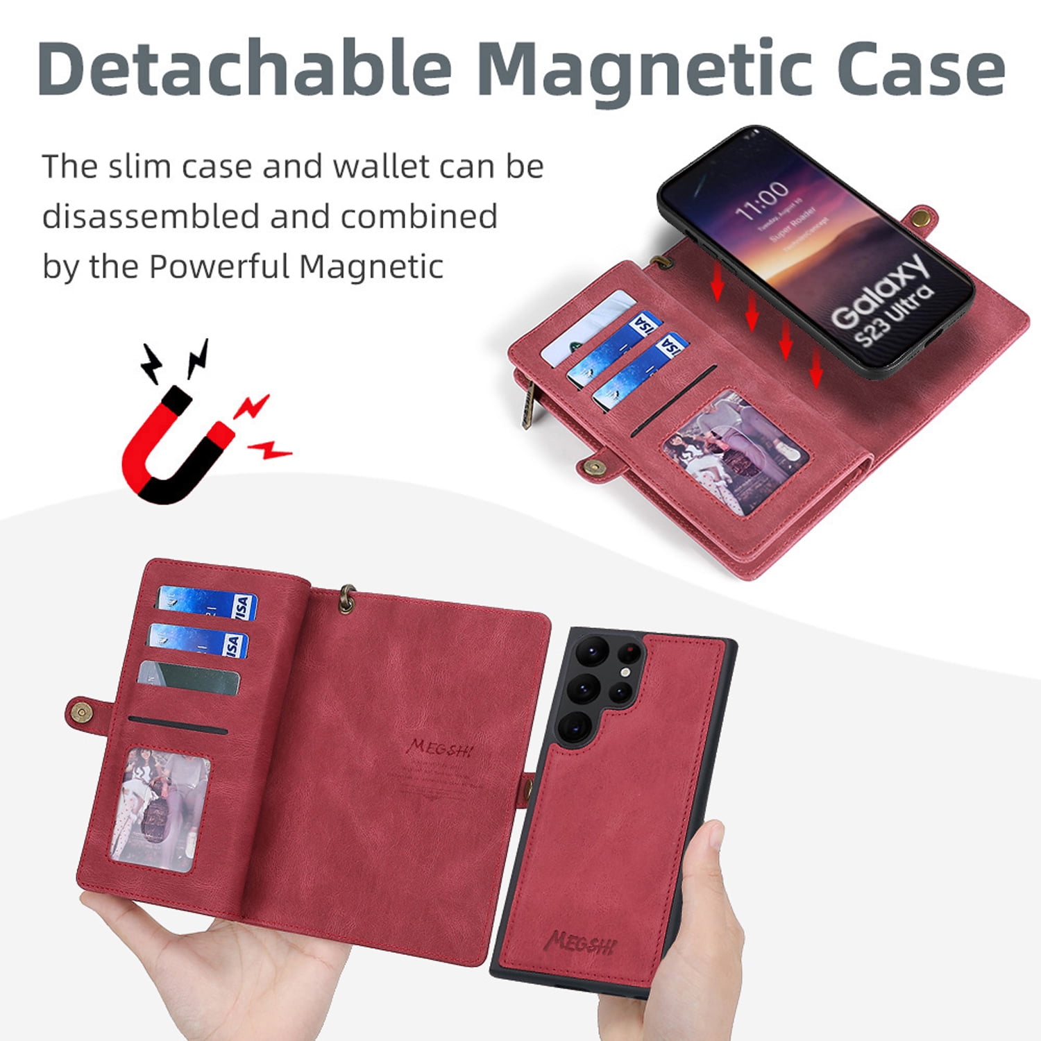 Detachable Wallet Case for Samsung Galaxy S26 Ultra, 2-in-1 Zipper Wallet with Credit Card Holder, PU Leather Wrist Strap Flip Kickstand Shockproof Removable Magnetic Purse Phone Cover, Red