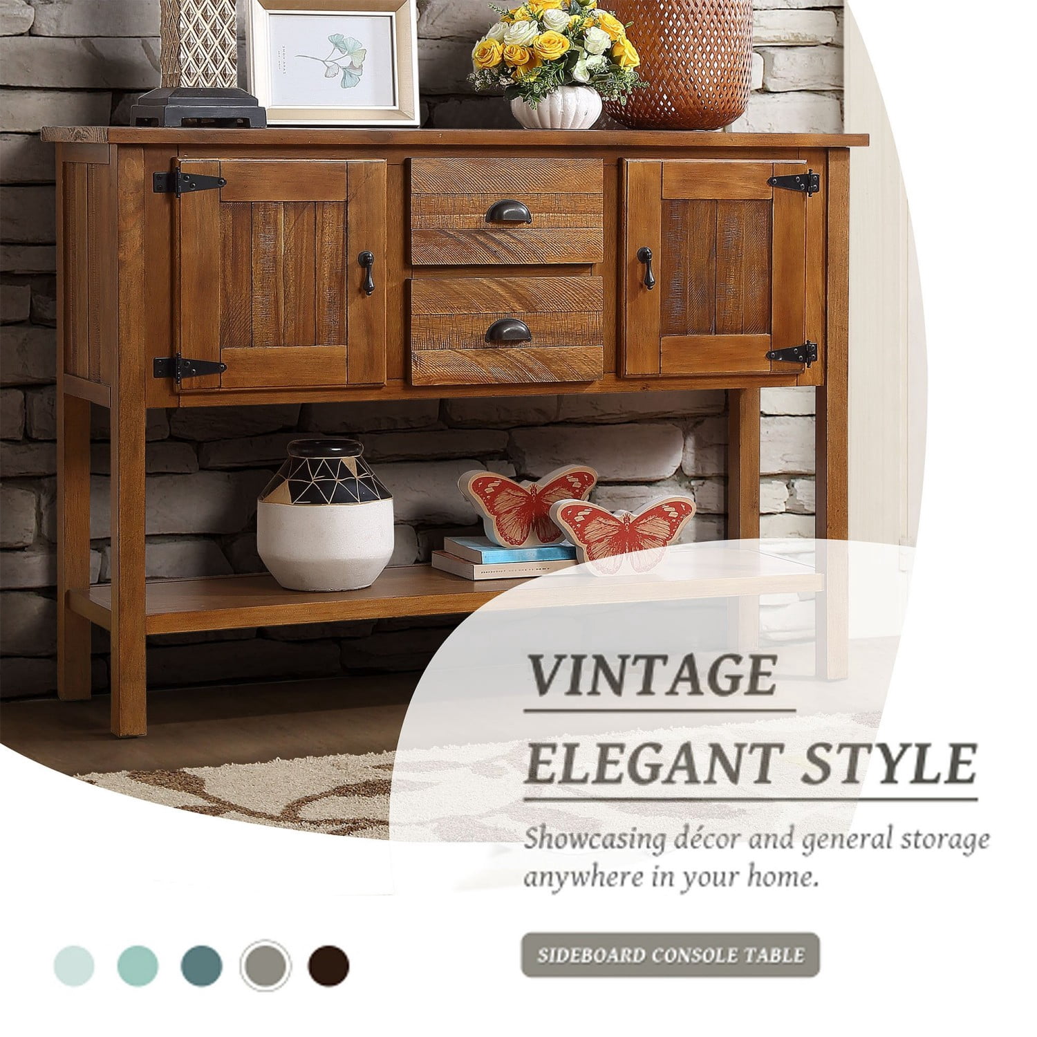 46.5" Solid Wood Sideboard Buffet Cabinet with 2 Drawers, 2 Doors and Bottom Shelf, Retro Console Table Storage Cabinet for Kitchen Dining Room Living Room, Brown