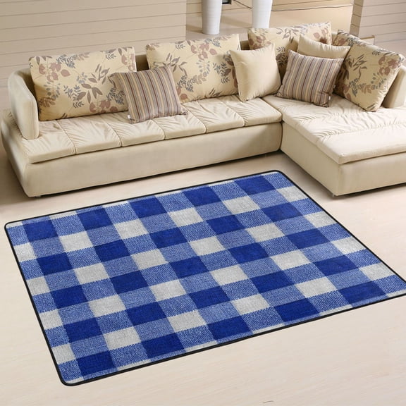 Area Rugs 36"x24" Indoor Non-Slip Wear Resistant Floor Mats Soft Large Carpets for Living Room Bedroom Home Decor Washable Rug Deep Blue Checkered