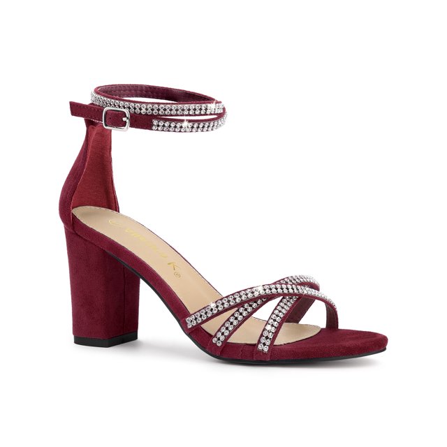BLISSFUL STEP Women's Shoes Rhinestone Crisscross Strappy Block Heel Faux Suede Ankle Buckle Sandals Burgundy 6