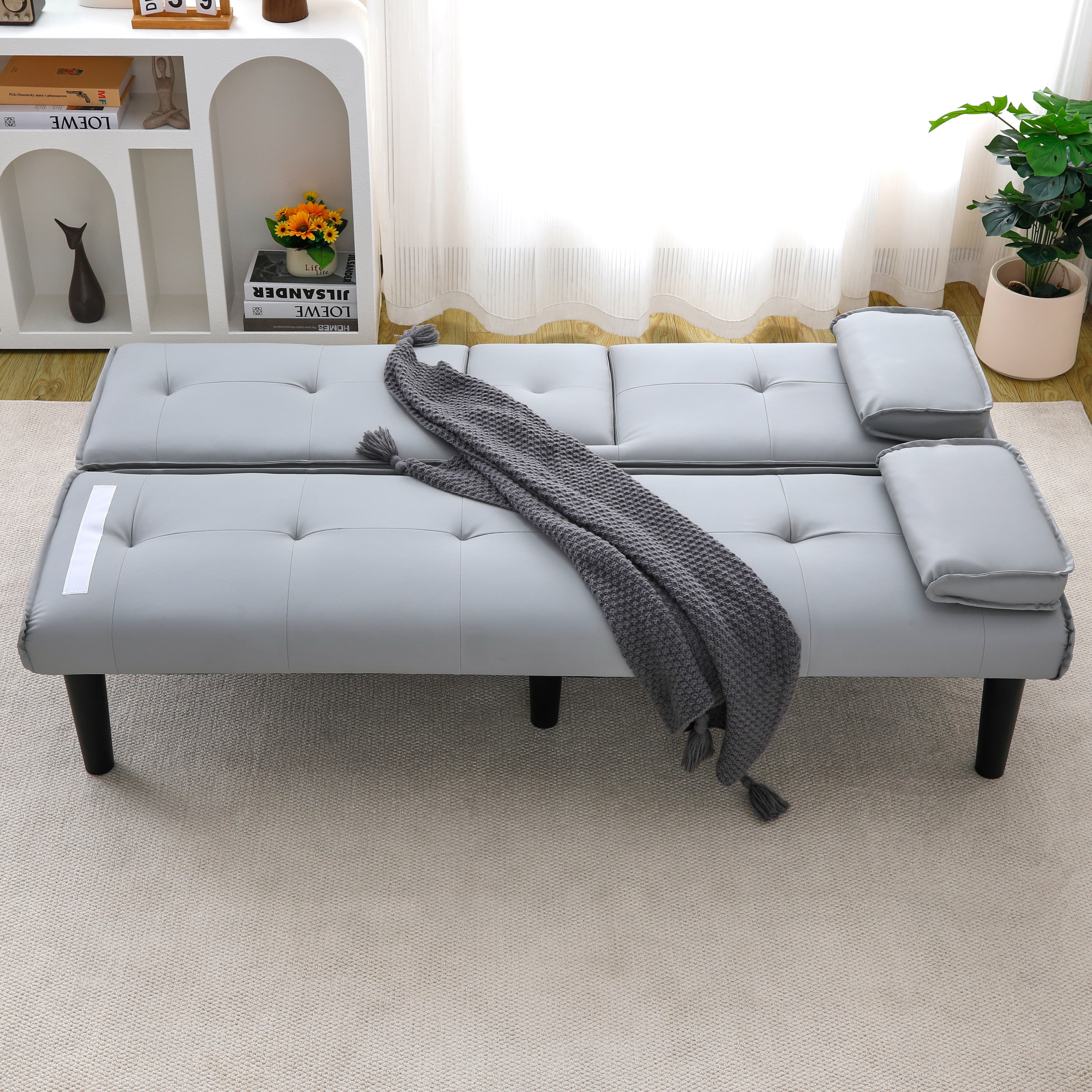 MAYEERTY 67" Convertible Sofa Bed PVC Loveseat Sofa with Cup Holder for Apartment, Living Room, Small Space, Light Gray