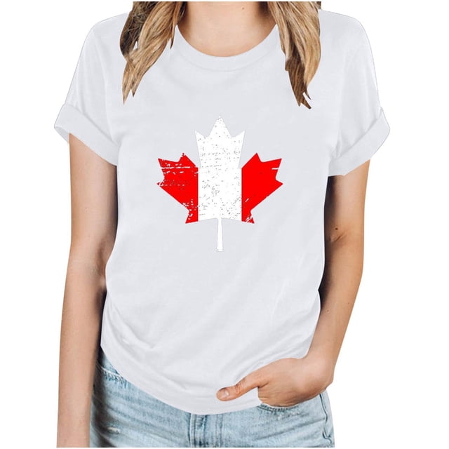 FAIWAD T-Shirt d'Été pour Femmes de la Fête du Canada, Léger, à Manches Courtes, Col Rond, T-Shirts Hauts, Imprimé Graphique, Blouses de Détente Basiques