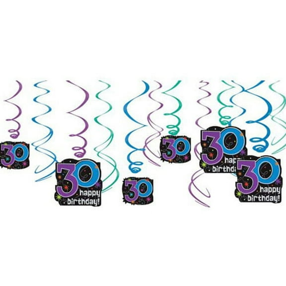 Various 30th Birthday Party Hanging Swirl Decorations, Black Foil, 12pc