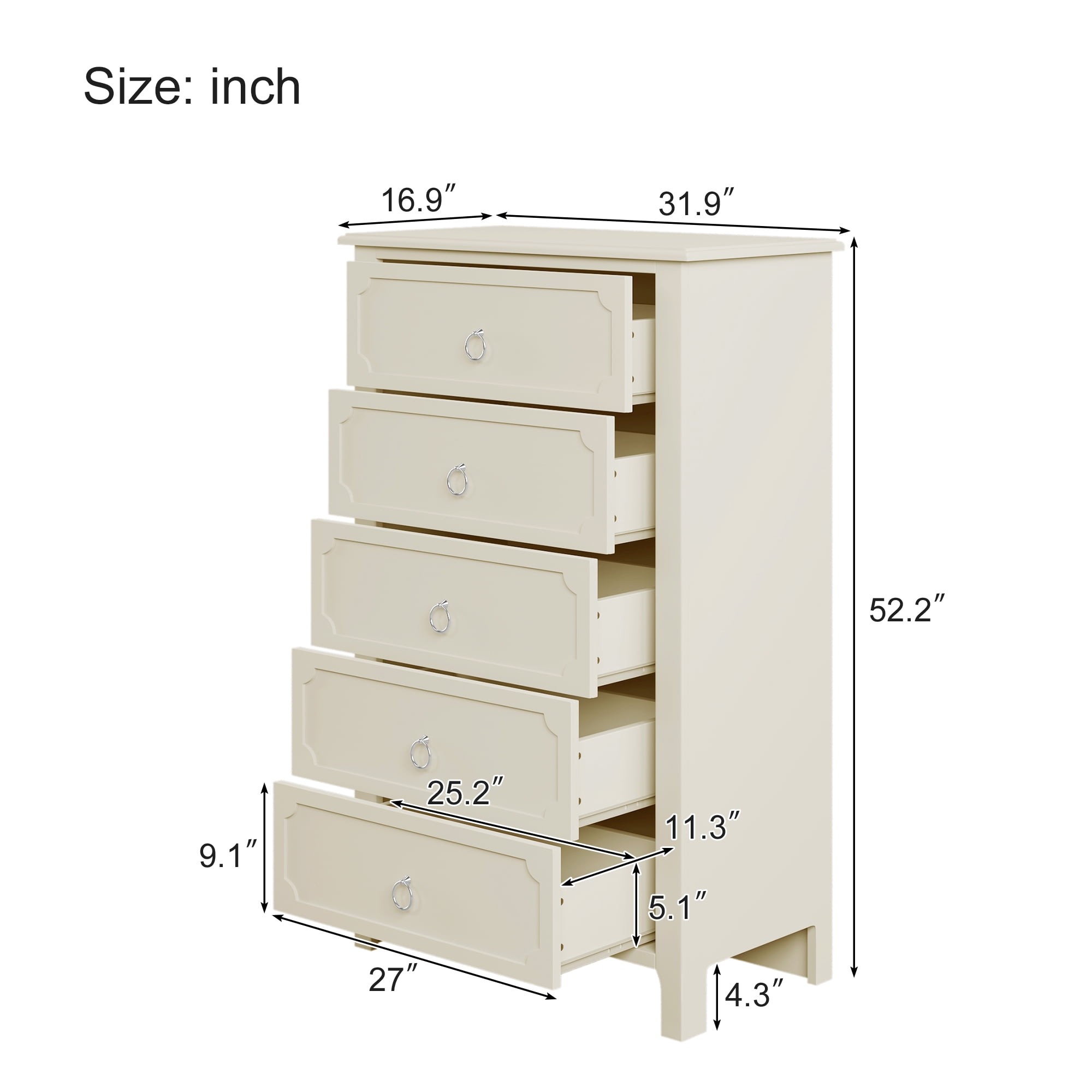 Resenkos Wooden 5 Drawers Chest with Silver Metal Handles for Bedroom Milky White Resenkos Wooden 5 Drawers Chest with Silver Metal Handles for Bedroom Milky White