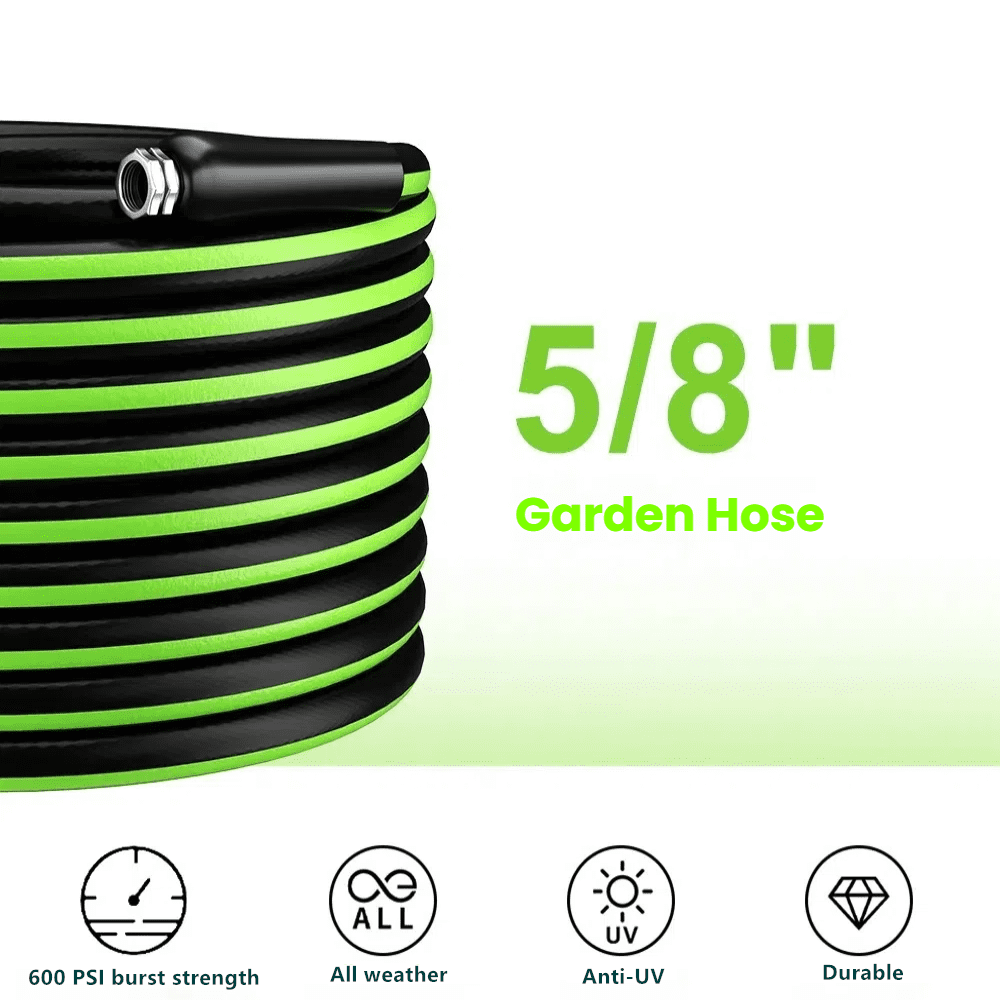100ft Garden Hose 5/8" Heavy Duty Rubber Hydrid Water Hose 600 PSI with 10-Function Water Sprayer