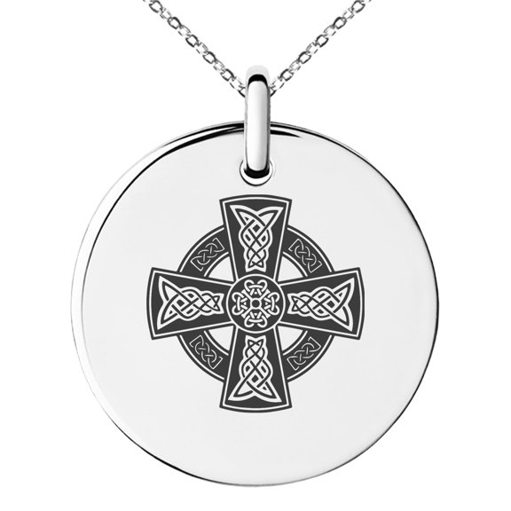 Stainless Steel Celtic Cross Rune Knot Engraved Small Medallion Circle Charm Pendant Necklace