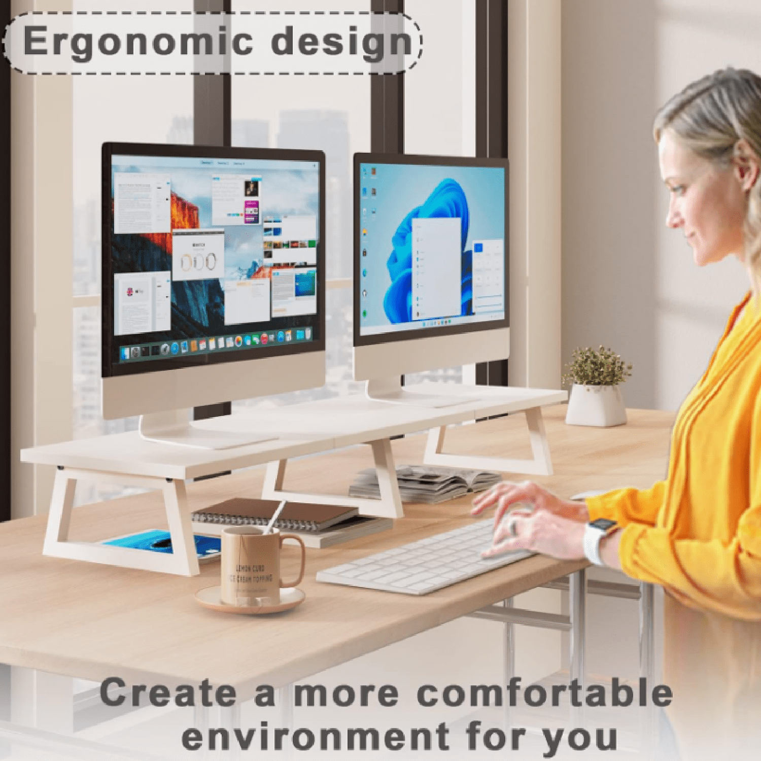 White Dual Monitor Riser for 2 Monitors-42inch, Wood Desktop Dual Stand with Metal Legs, Long Screen/PC/Laptop Storage,Computer Shelf TV Holder Home Office