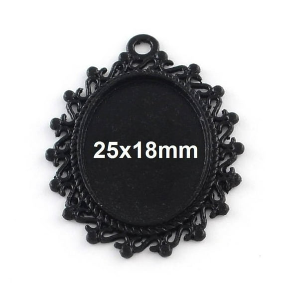 P2215 - 10 pcs. Black Plated Oval Pendant Picture Photo Frame Bezel Tray Setting Pendants Charms - Fits 25mm x 18mm - 25x18mm - Cabochons / Cameos