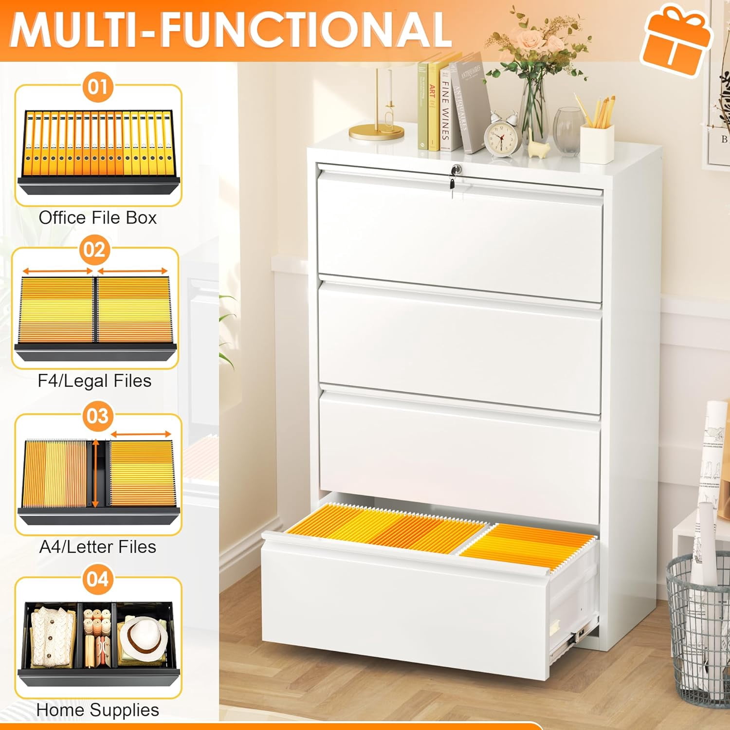 SUNCROWN File Cabinet 4 Drawers, Metal Lateral Filing Cabinet with Lock, Office Locking File Cabinets for Letter/Legal/A4/F4, White-28”W, Easy Assemble