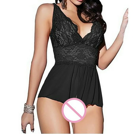 

DNDKILG Women s Lace Teddy Lingerie Bodysuit Sleepwear Sexy One Piece Deep V Neck Babydoll Black 3XL
