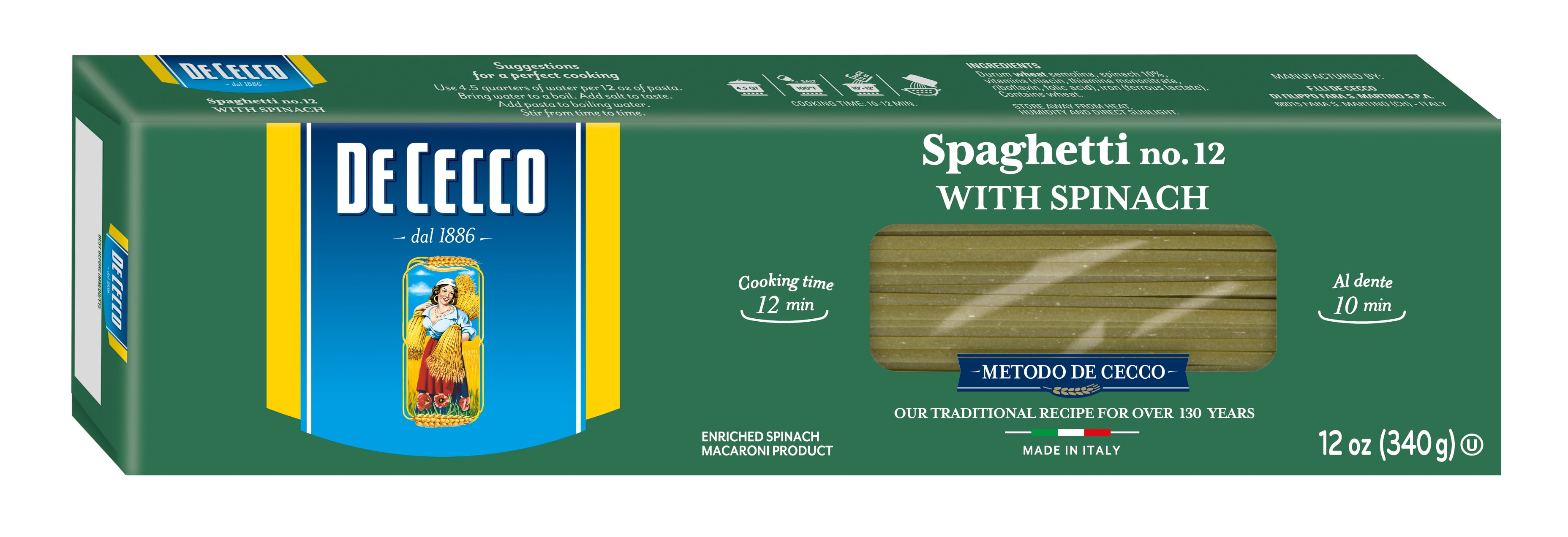 (4 pack) De Cecco Spinach Spaghetti Pasta, Contains Wheat, No Dairy or Soy Allergens, 16 oz