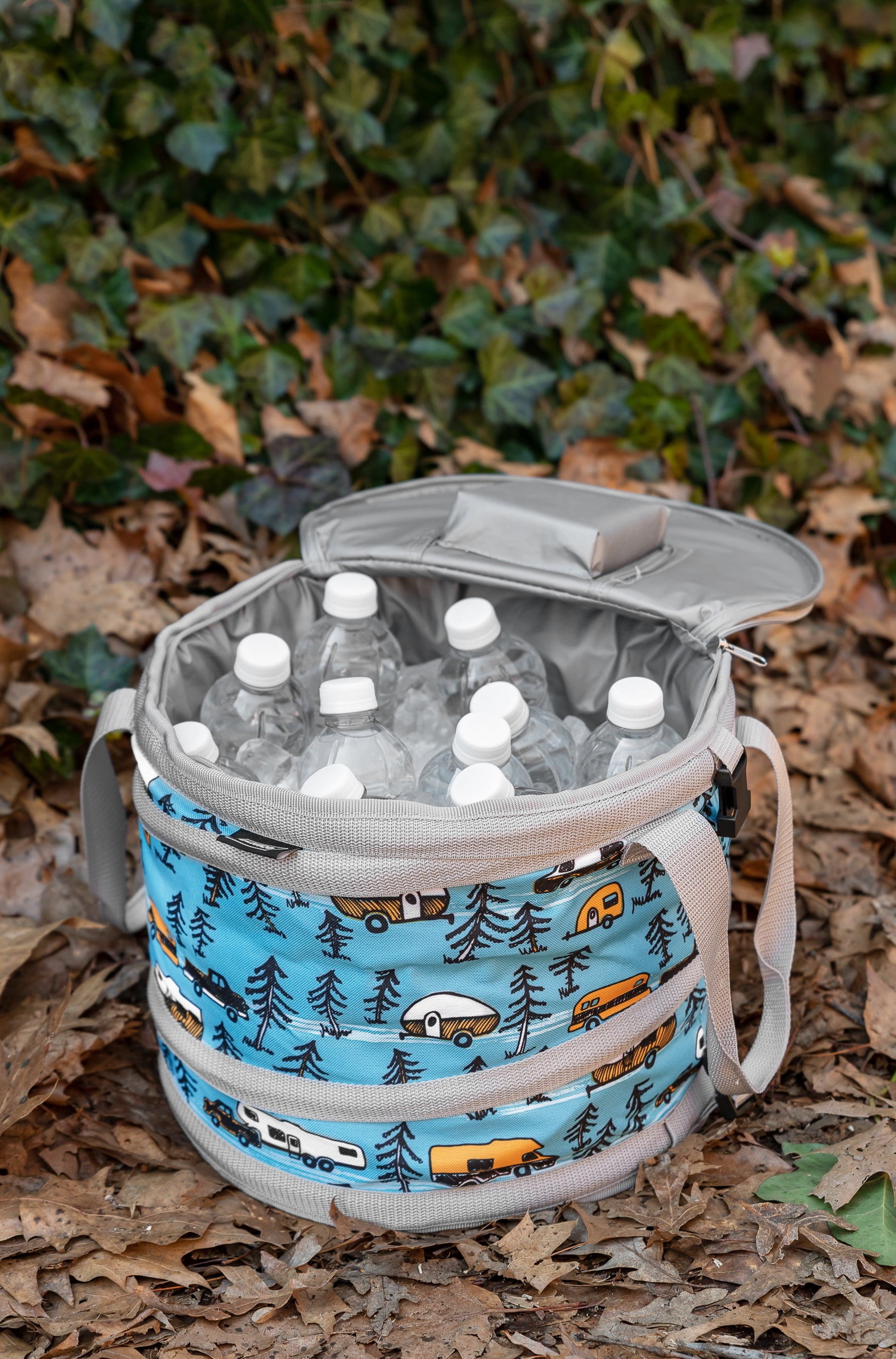 Camco Life is Better at The Campsite Camper/RV Pop-Up Cooler | Fabric, PVC Lining | Blue/Teal and Gray RV Sketch Design (53417)