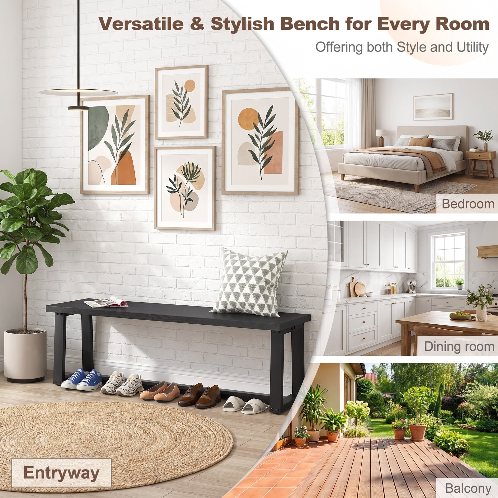 Furnibear 56 Inch Wood Dining Bench with Acacia Wood Seat Metal Frame and Adjustable Footpads for Kitchen Dining Room Entryway Seating, Black