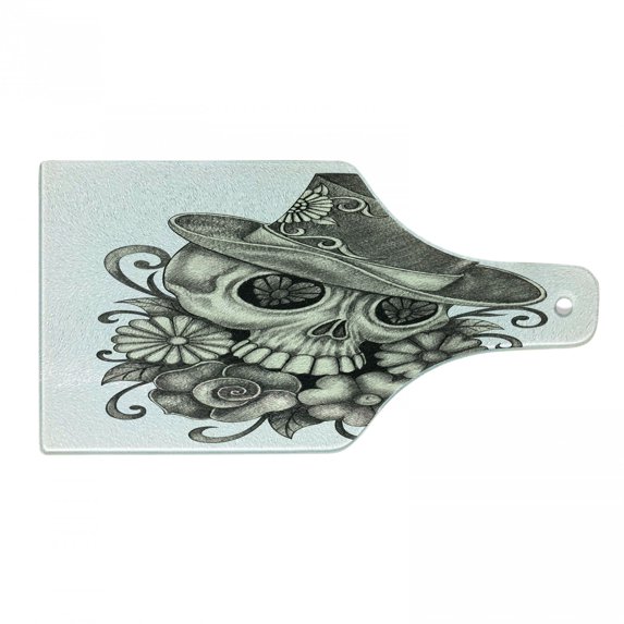 Day of the Dead Cutting Board, Sketch of Mexican Spanish Celebration Skull Head Flowers, Decorative Tempered Glass Cutting and Serving Board, Wine Bottle Shape, Dimgrey and White, by Ambesonne