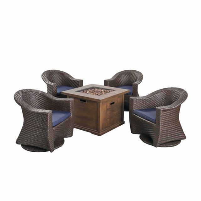 Noble House Morant 5 Piece Outdoor Swivel Chair and Firepit Set in Navy Blue