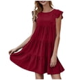thumbnail image 2 of Wycnly 2024 Summer Mini Dresses for Women Ruffle Sleeve Flowy Swing Beach Mini Sundress Casual Solid Round Neck Pocket Short Dress Wine Formal Dresses for Women, 2 of 6