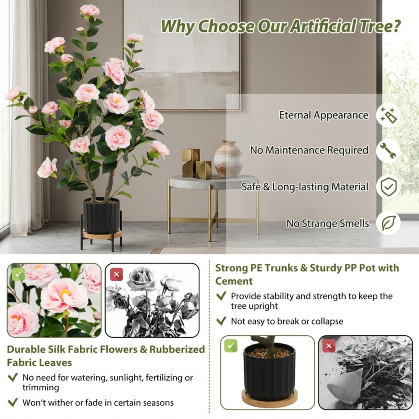 Vebreda Artificial Plant Decor, 38 Inch Artificial Camellia Tree Faux Flower Plant in Cement Pot, Gorgeous and Vivid Appearance