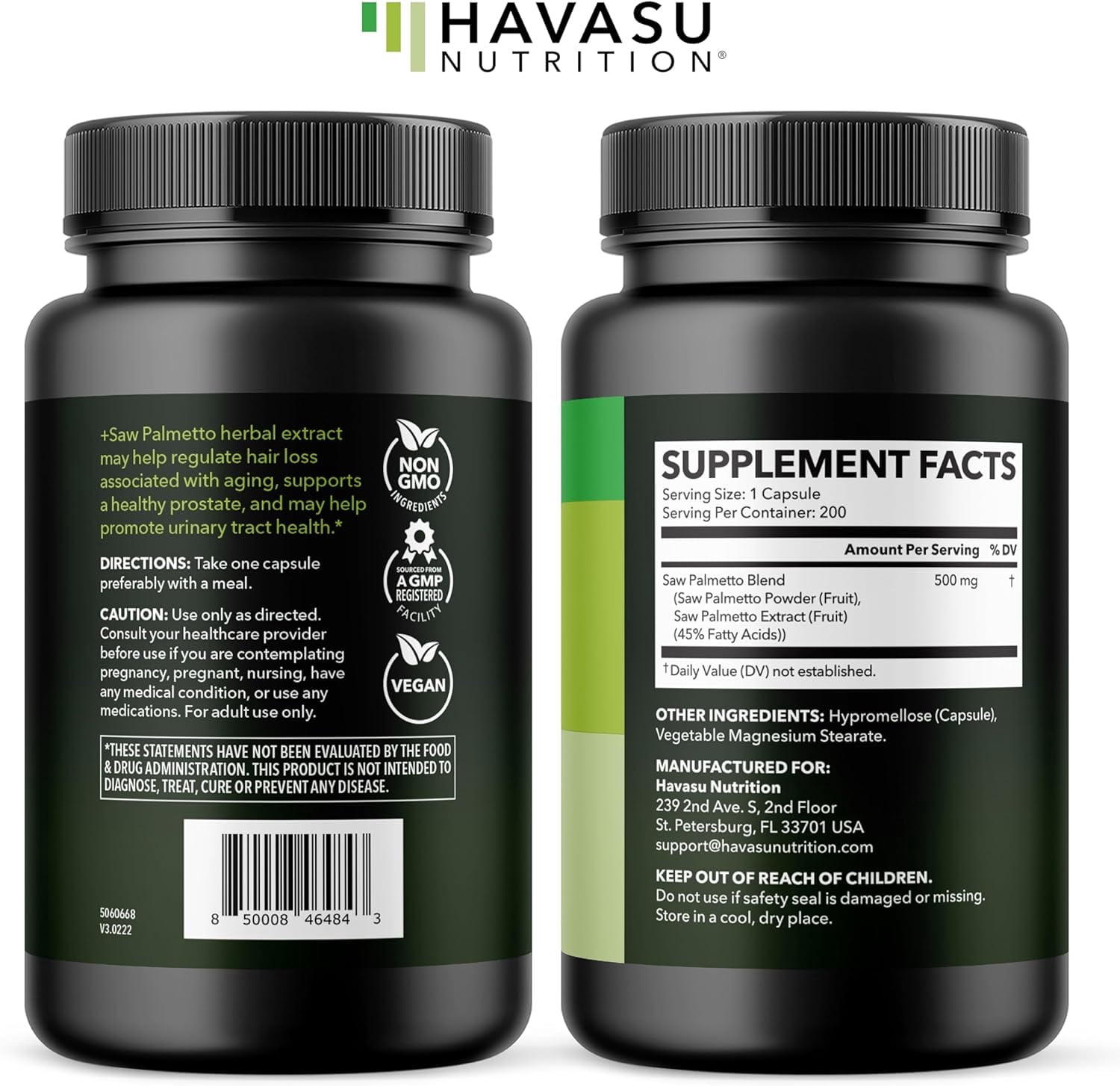 Havasu Nutrition Saw Palmetto Once Daily Capsules for Men, Hair & Prostate Health Support, 200 Count
