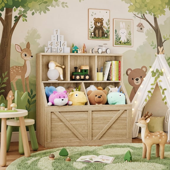 Kids Bookshelf & Toy Storage Organizer, 36" Tall Engineered Wood with Multi‑Shelf Cabinet & Storage Bins, for Playroom Bedroom Nursery